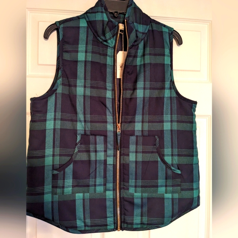 Green and blue plaid puffer vest
